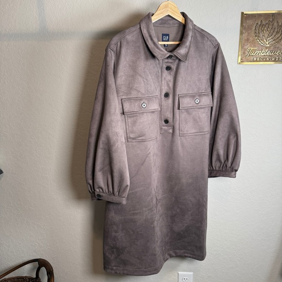 GAP Womens Faux Suede Utility Shirt Dress Mauve Brown XXL Puff Sleeve Mini - Picture 10 of 10